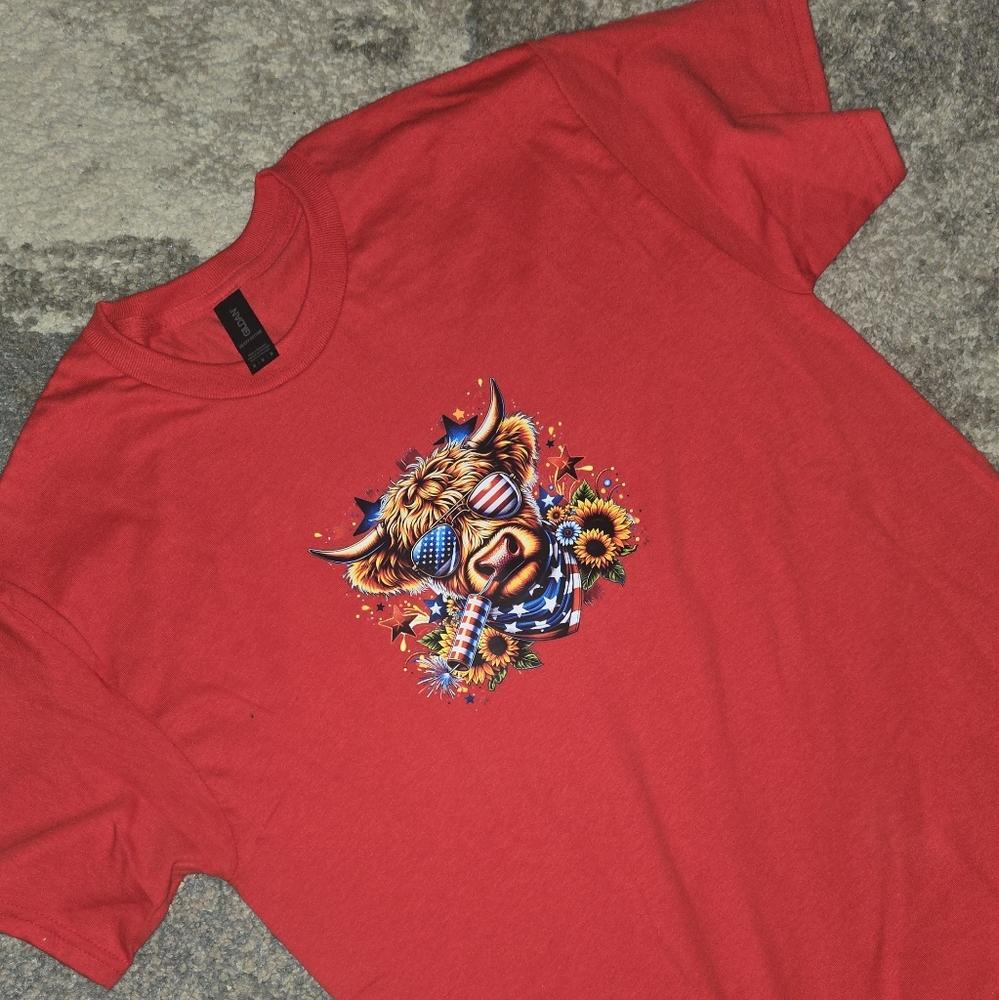 Vibrant Red Short Sleeve Tees with Forth Of July Bull Image. Red White and Blue